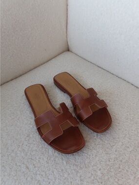 Hermes Brown Leather Oran Slide Sandals